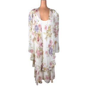 Vintage Midi Dress Romantic Floral Garden Party Sheer Flowy Flounce Gatsby